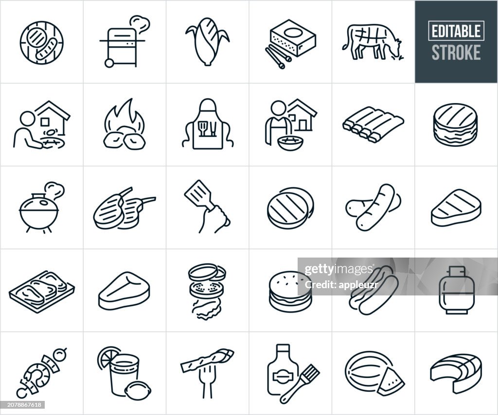 Grilling Food Thin Line Icons - Editable Stroke
