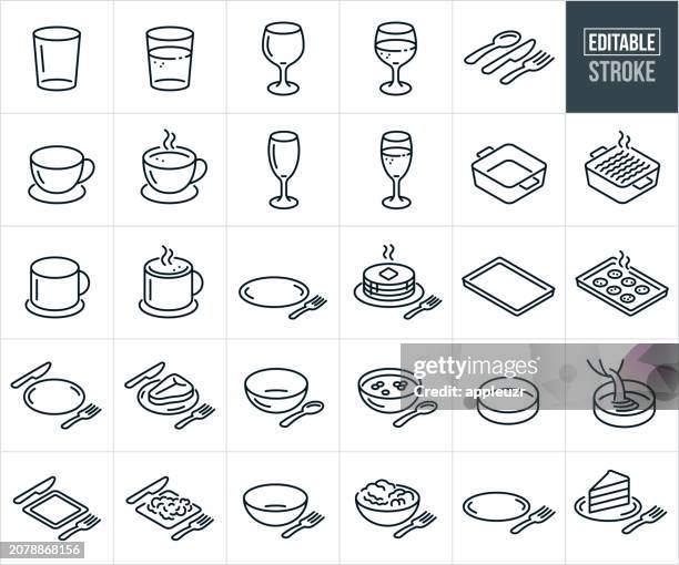 ilustraciones, imágenes clip art, dibujos animados e iconos de stock de vajilla y cubiertos y platos con iconos de línea fina de alimentos - trazo editable - cuenco