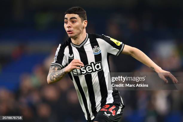 Miguel Almiron of Newcastle United during the Premier League match between Chelsea FC and Newcastle United at Stamford Bridge on March 11, 2024 in...