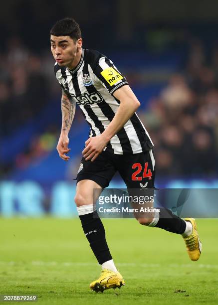 Miguel Almiron of Newcastle United during the Premier League match between Chelsea FC and Newcastle United at Stamford Bridge on March 11, 2024 in...