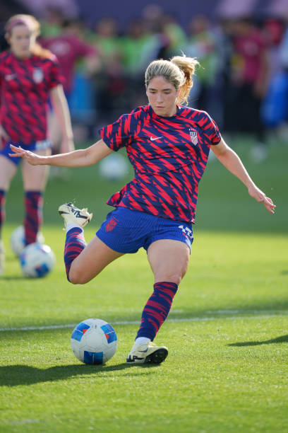 Korbin Albert of the United States warming up during the 2024 Concacaf W Gold Cup Final game between Brazil and USWNT at Snapdragon Stadium on March...