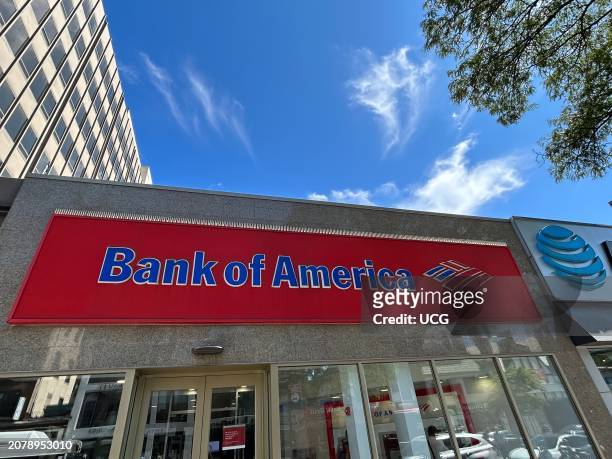 Bank of America bank branch exterior and sign, New York City.