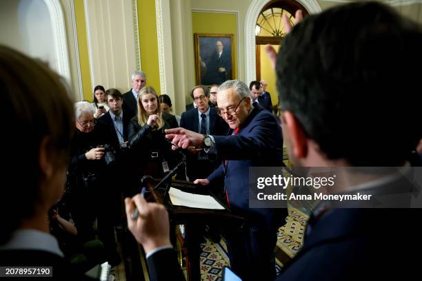 Senate Majority Leader Chuck Schumer speaks to reporters after the weekly Senate Democrats caucus policy luncheon at the U.S. Capitol on March 12,...