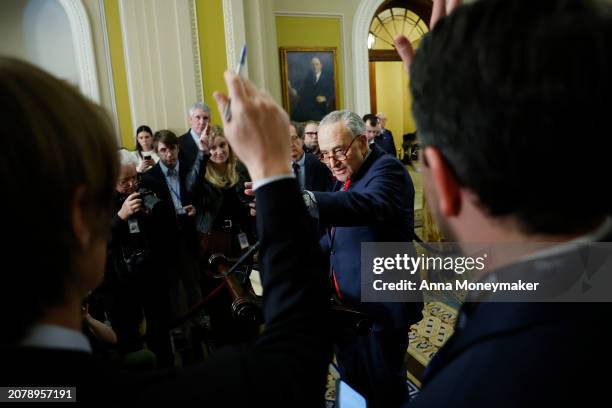 Senate Majority Leader Chuck Schumer speaks to reporters after the weekly Senate Democrats caucus policy luncheon at the U.S. Capitol on March 12,...