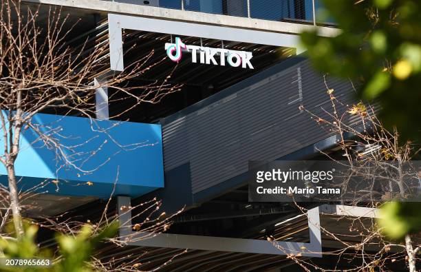 The TikTok logo is displayed at TikTok offices on March 12, 2024 in Culver City, California. House Republicans are moving forward with legislation...