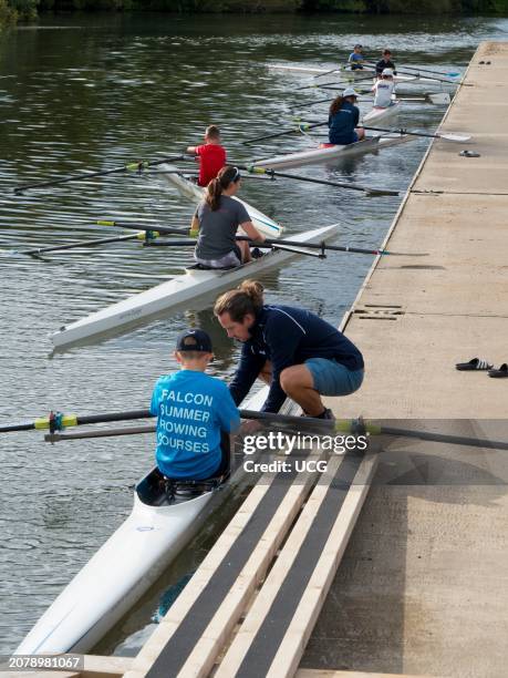 Summer rowing training school at Radley Boathouse by the Thames.