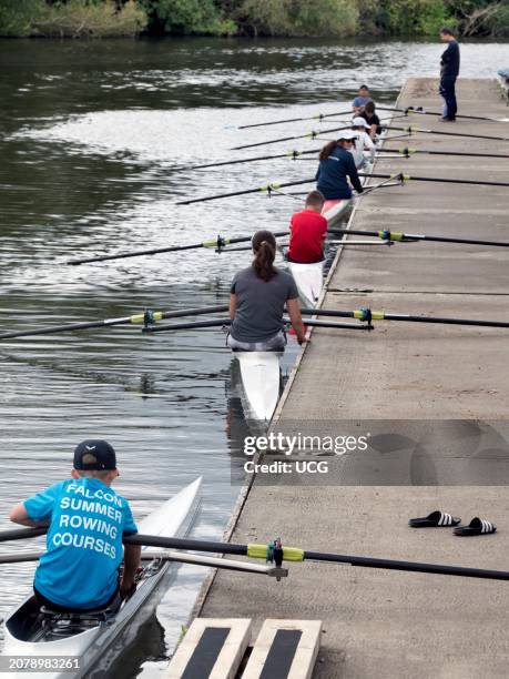 Summer rowing training school at Radley Boathouse by the Thames.