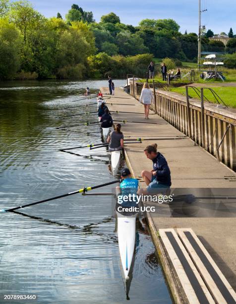 Summer rowing training school at Radley Boathouse by the Thames.