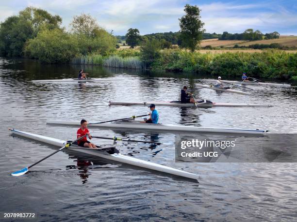 Summer rowing training school at Radley Boathouse by the Thames.