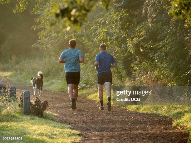 Dog jogging by the Thames in Abingdon, misty Autumn morning.