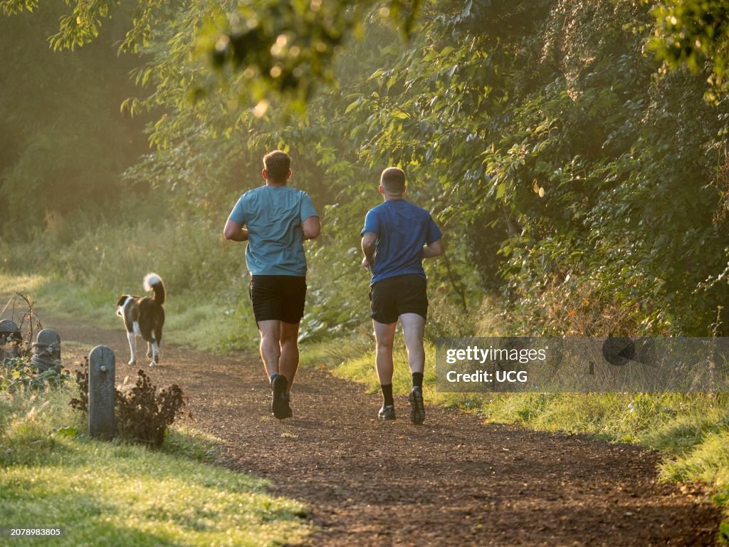 Dog jogging by the Thames in Abingdon, misty Autumn morning