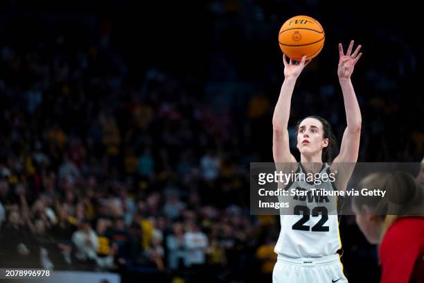 University of Iowa Hawkeyes guard Caitlin Clark makes the final free throw of the game in overtime, pulling Iowa to a 95-89 win over Nebraska at the...