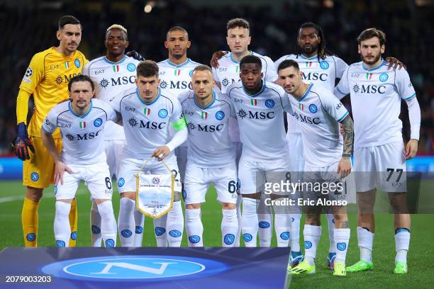 The players of SSC Napoli pose for a team photo prior to kick-off ahead of the UEFA Champions League 2023/24 round of 16 second leg match between FC...