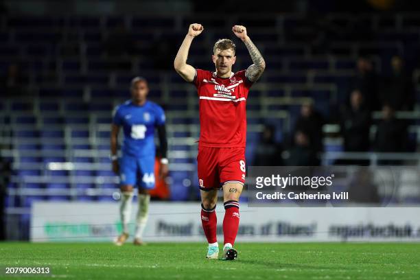 Riley McGree of Middlesbrough celebrates scoring his team's first goal during the Sky Bet Championship match between Birmingham City and...