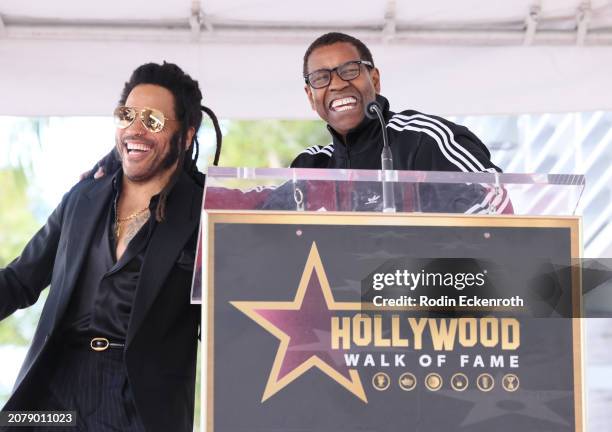 Denzel Washington speaks at the Lenny Kravitz Hollywood Walk of Fame Star Ceremony on March 12, 2024 in Hollywood, California.