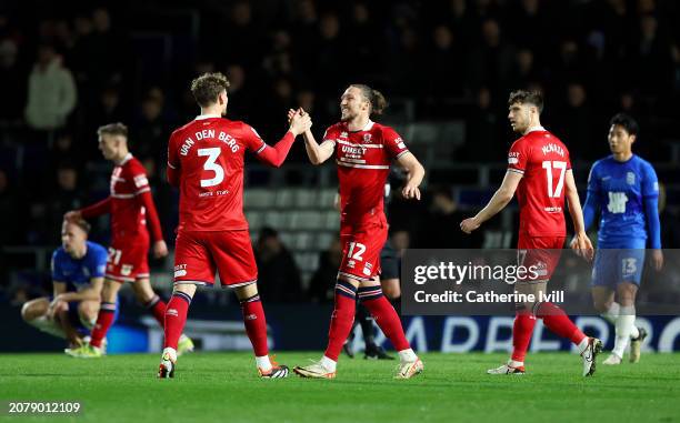 Rav van den Berg and Luke Ayling of Middlesbrough celebrate after Riley McGree of Middlesbrough scores his team's first goal during the Sky Bet...