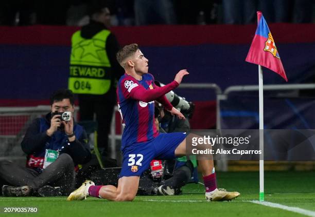 Fermin Lopez of FC Barcelona celebrates scoring his team's first goal during the UEFA Champions League 2023/24 round of 16 second leg match between...