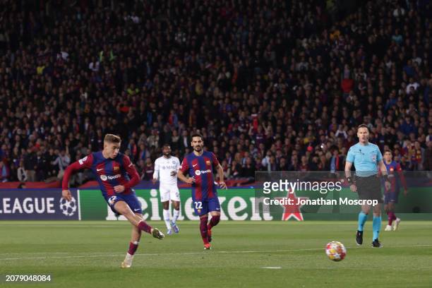Fermin Lopez of FC Barcelona scores to give the side a 1-0 lead during the UEFA Champions League 2023/24 round of 16 second leg match between FC...