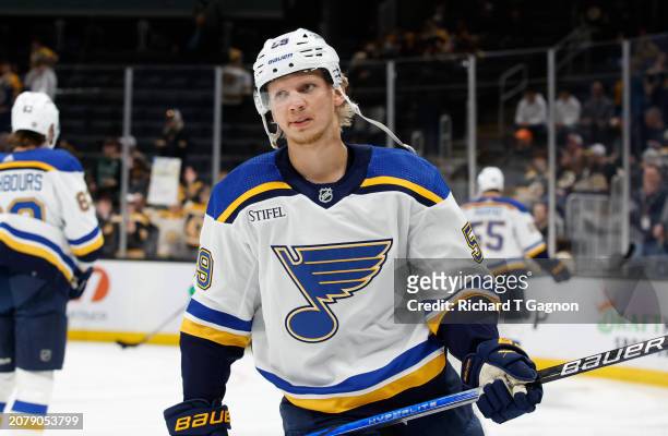Nikita Alexandrov of the St. Louis Blues warms up prior to a game against the Boston Bruins at the TD Garden on March 11, 2024 in Boston,...