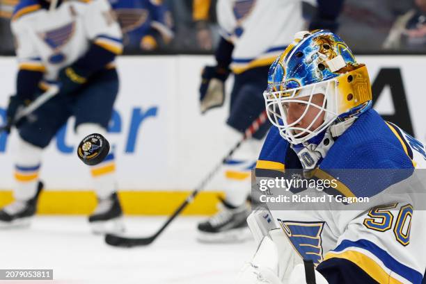 Jordan Binnington of the St. Louis Blues warms up prior to a game against the Boston Bruins at the TD Garden on March 11, 2024 in Boston,...