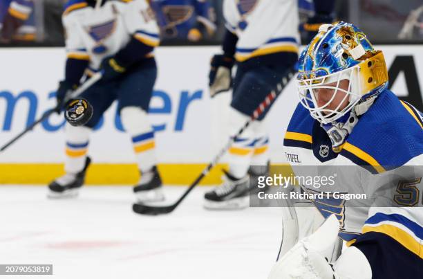 Jordan Binnington of the St. Louis Blues warms up prior to a game against the Boston Bruins at the TD Garden on March 11, 2024 in Boston,...