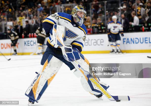 Joel Hofer of the St. Louis Blues warms up prior to a game against the Boston Bruins at the TD Garden on March 11, 2024 in Boston, Massachusetts. The...