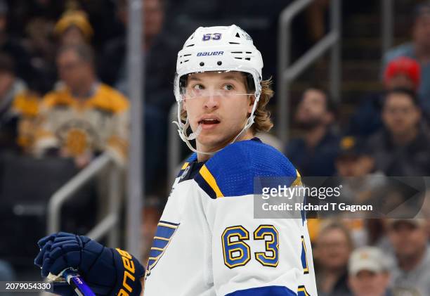 Jake Neighbours of the St. Louis Blues skates against the Boston Bruins during the first period at the TD Garden on March 11, 2024 in Boston,...