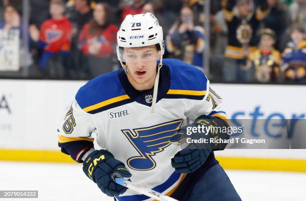 Zack Bolduc of the St. Louis Blues warms up prior to a game against the Boston Bruins at the TD Garden on March 11, 2024 in Boston, Massachusetts....