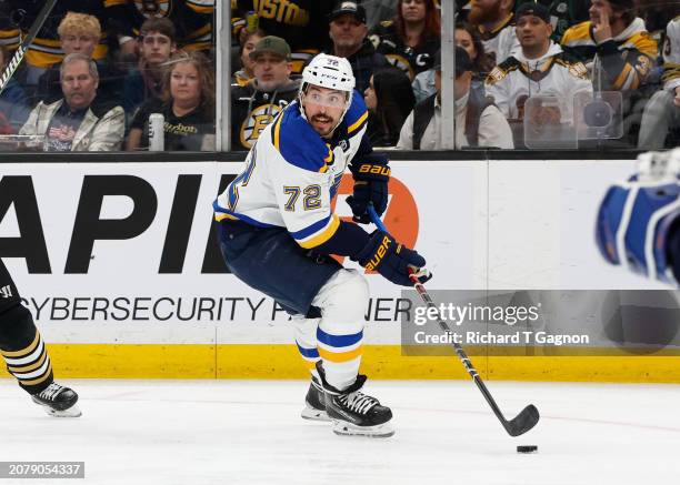 Justin Faulk of the St. Louis Blues skates against the Boston Bruins during the first period at the TD Garden on March 11, 2024 in Boston,...