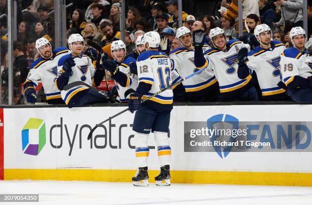 Kevin Hayes of the St. Louis Blues celebrates his goal against the Boston Bruins during the second period at the TD Garden on March 11, 2024 in...