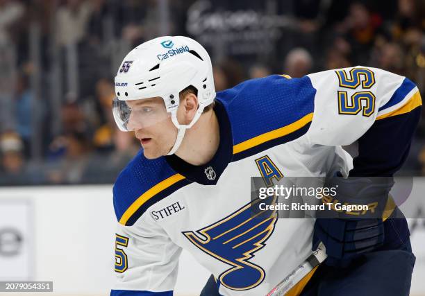 Colton Parayko of the St. Louis Blues skates against the Boston Bruins during the first period at the TD Garden on March 11, 2024 in Boston,...