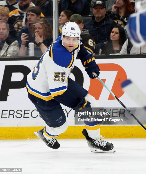 Colton Parayko of the St. Louis Blues skates against the Boston Bruins during the first period at the TD Garden on March 11, 2024 in Boston,...
