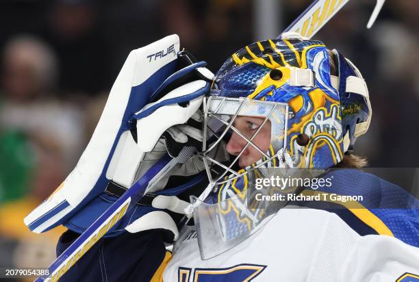 Joel Hofer of the St. Louis Blues tends goal against the Boston Bruins during the first period at the TD Garden on March 11, 2024 in Boston,...