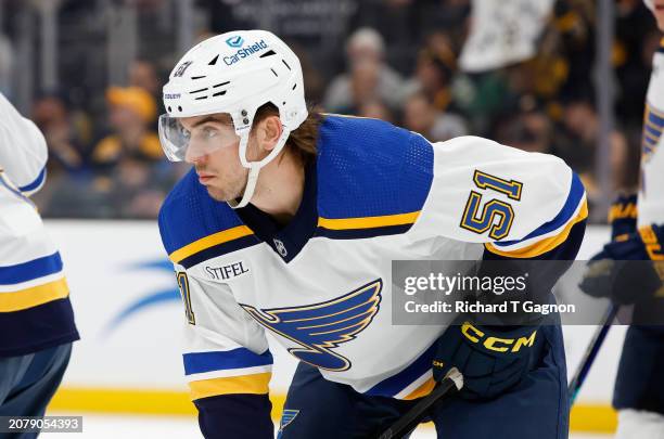 Matthew Kessel of the St. Louis Blues skates against the Boston Bruins during the first period at the TD Garden on March 11, 2024 in Boston,...