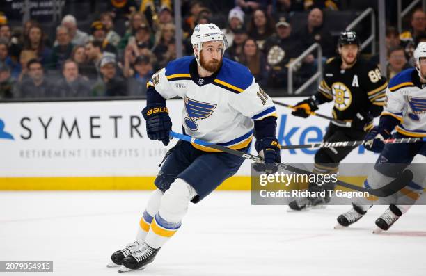 Kevin Hayes of the St. Louis Blues skates against the Boston Bruins during the first period at the TD Garden on March 11, 2024 in Boston,...