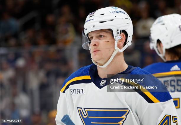 Torey Krug of the St. Louis Blues skates against the Boston Bruins during the first period at the TD Garden on March 11, 2024 in Boston,...