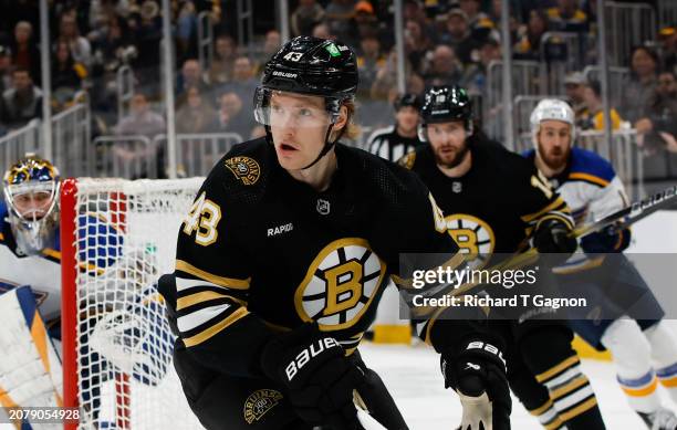 Danton Heinen of the Boston Bruins skates during the first period against the St. Louis Blues at the TD Garden on March 11, 2024 in Boston,...