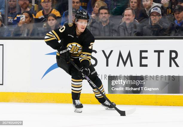 Jesper Boqvist of the Boston Bruins skates against the St. Louis Blues during the first period at the TD Garden on March 11, 2024 in Boston,...