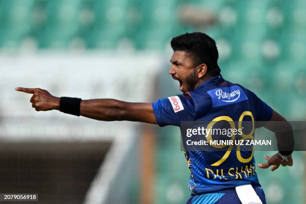 Sri Lanka's Dilshan Madushanka celebrates after the dismissal of Bangladesh's captain Najmul Hasan Santo during the second one-day international...