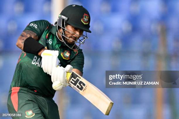 Bangladesh's Soumya Sarkar plays a shot during the second one-day international cricket match between Sri Lanka and Bangladesh at the Zahur Ahmed...