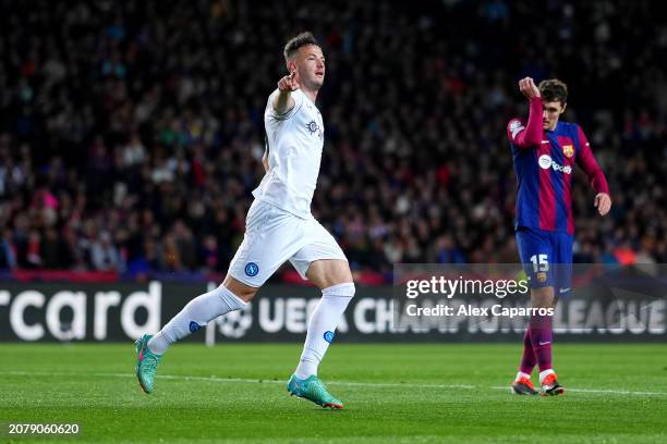 Amir Rrahmani of SSC Napoli celebrates scoring his team's first goal during the UEFA Champions League 2023/24 round of 16 second leg match between FC...