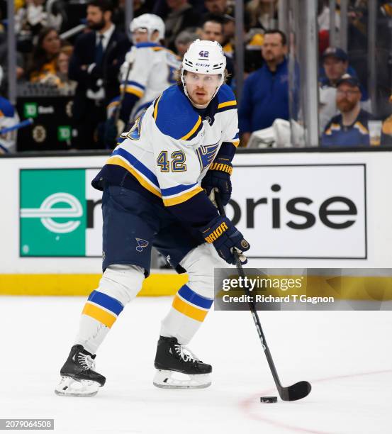 Kasperi Kapanen of the St. Louis Blues skates against the Boston Bruins during the third period at the TD Garden on March 11, 2024 in Boston,...