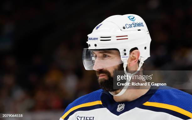 Nick Leddy of the St. Louis Blues skates against the Boston Bruins during the third period at the TD Garden on March 11, 2024 in Boston,...