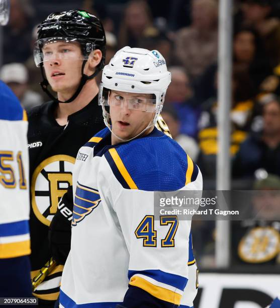 Torey Krug of the St. Louis Blues skates against the Boston Bruins during the third period at the TD Garden on March 11, 2024 in Boston,...