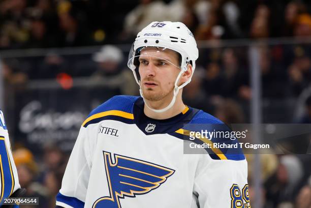 Pavel Buchnevich of the St. Louis Blues skates against the Boston Bruins during the third period at the TD Garden on March 11, 2024 in Boston,...