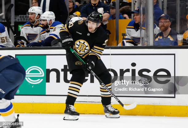 James van Riemsdyk of the Boston Bruins skates against the St. Louis Blues during the third period at the TD Garden on March 11, 2024 in Boston,...