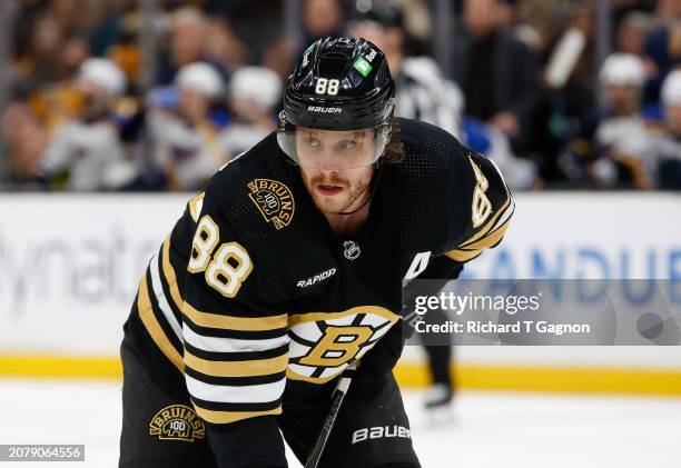 David Pastrnak of the Boston Bruins skates against the St. Louis Blues during the third period at the TD Garden on March 11, 2024 in Boston,...