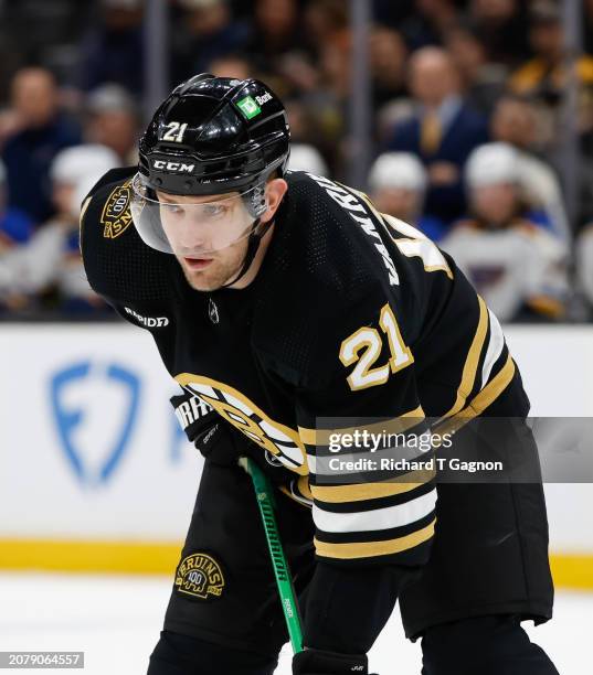 James van Riemsdyk of the Boston Bruins skates against the St. Louis Blues during the third period at the TD Garden on March 11, 2024 in Boston,...