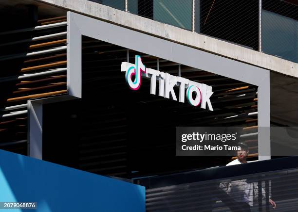 The TikTok logo is displayed at TikTok offices on March 12, 2024 in Culver City, California. House Republicans are moving forward with legislation...