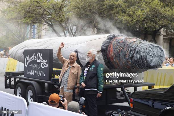 Cheech Marin and Tommy Chong arrive at the Premiere of "Cheech and Chong's Last Movie with a giant joint at The Paramount Theatre during the 2024...